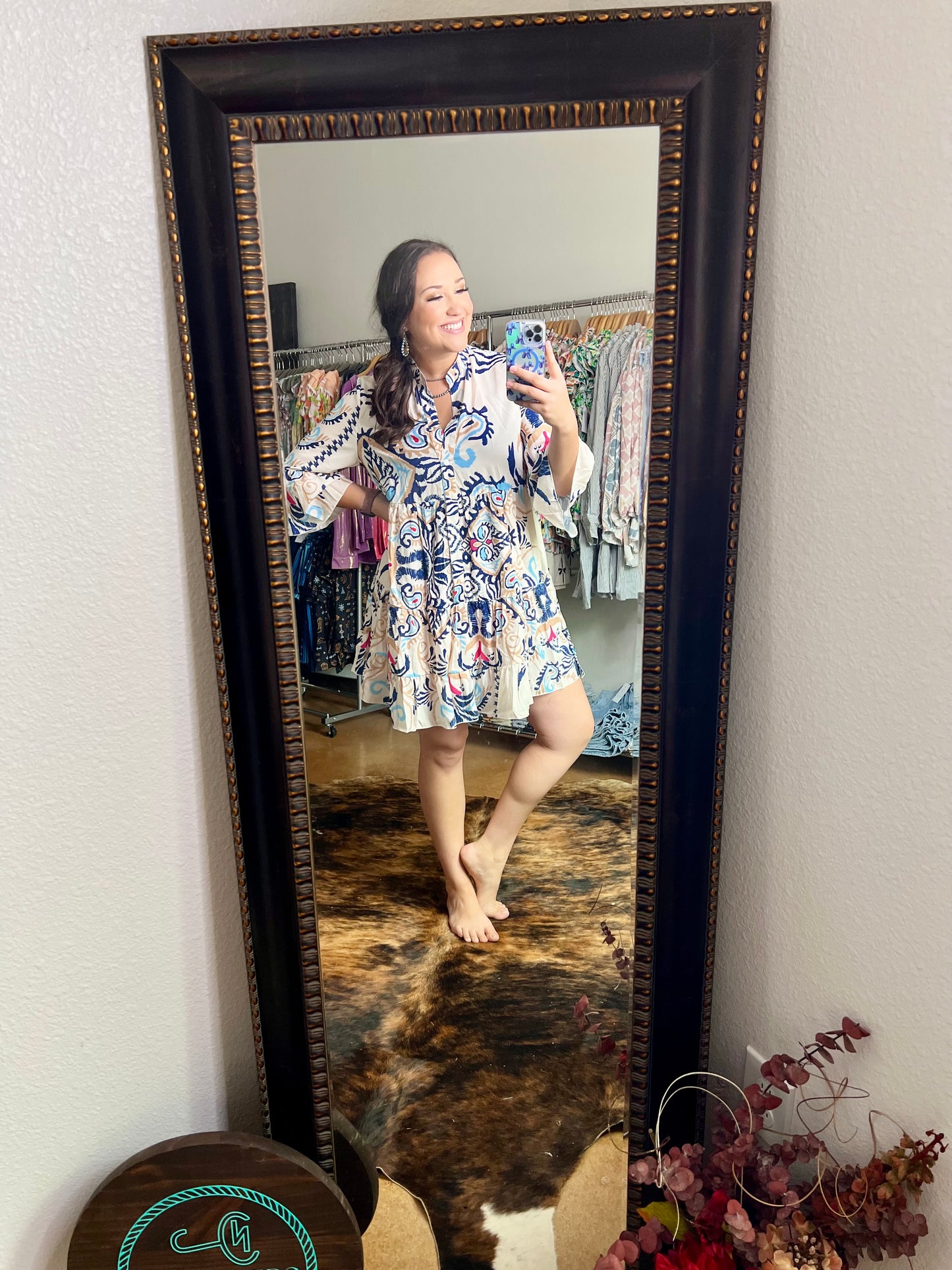 White Printed Bracelet Sleeve Buttoned Mini Dress