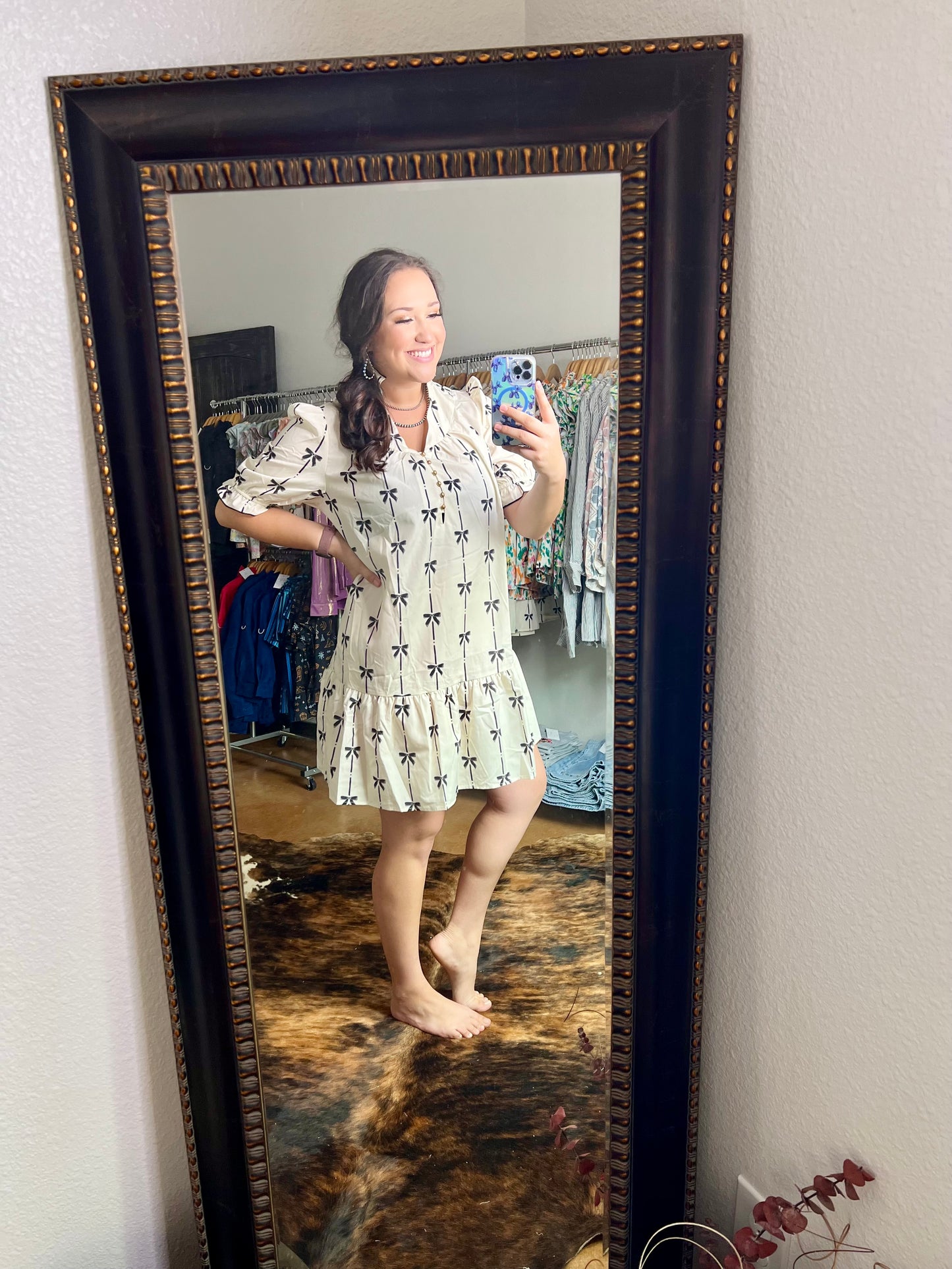 Beige Cute Bowknot Printed Bubble Sleeve V Neck Mini Dress