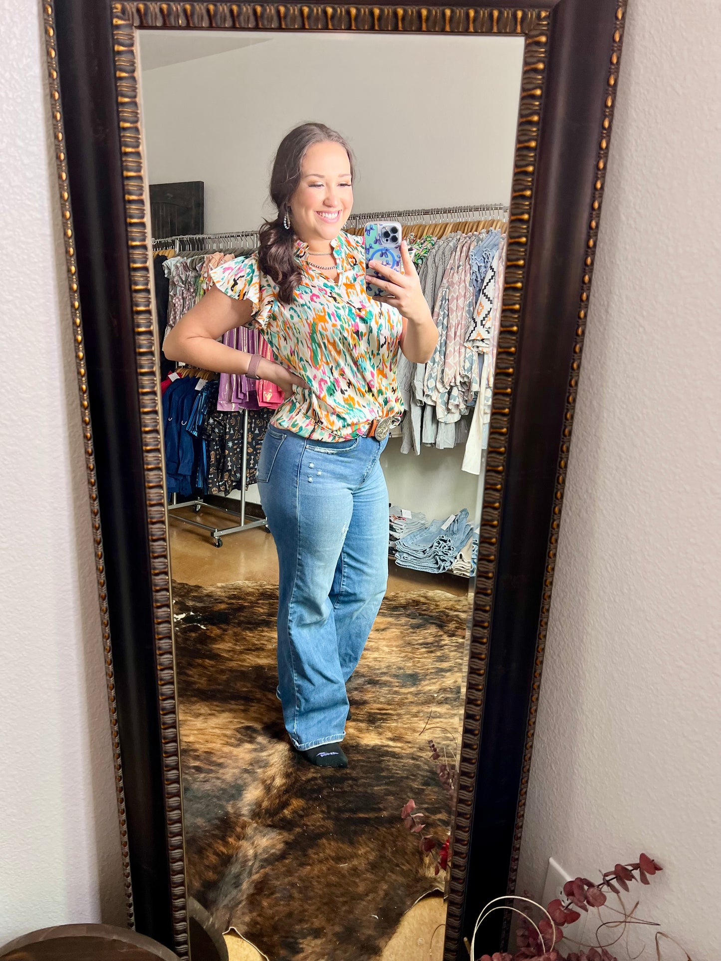 Green Abstract Print Split Neck Ruffle Sleeve Blouse