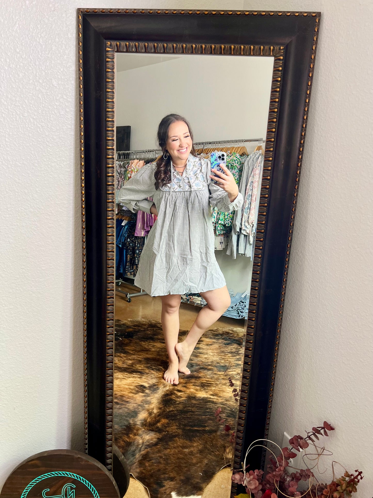 Black Stripe Floral Patchwork Tied V Neck Shift Long Sleeve Mini Dress