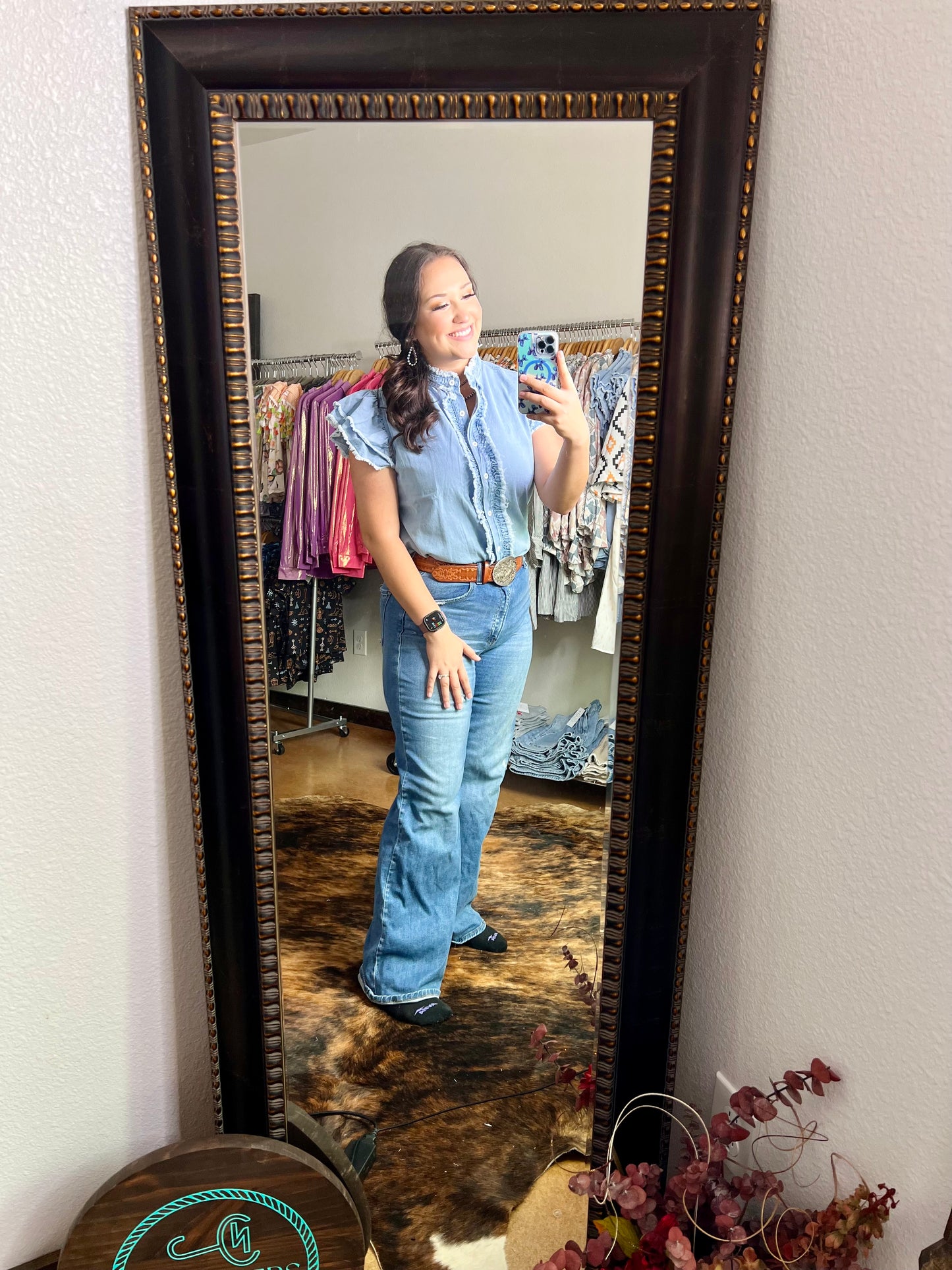 Beau Blue Button Front Ruffled Flutter Frayed Denim Top