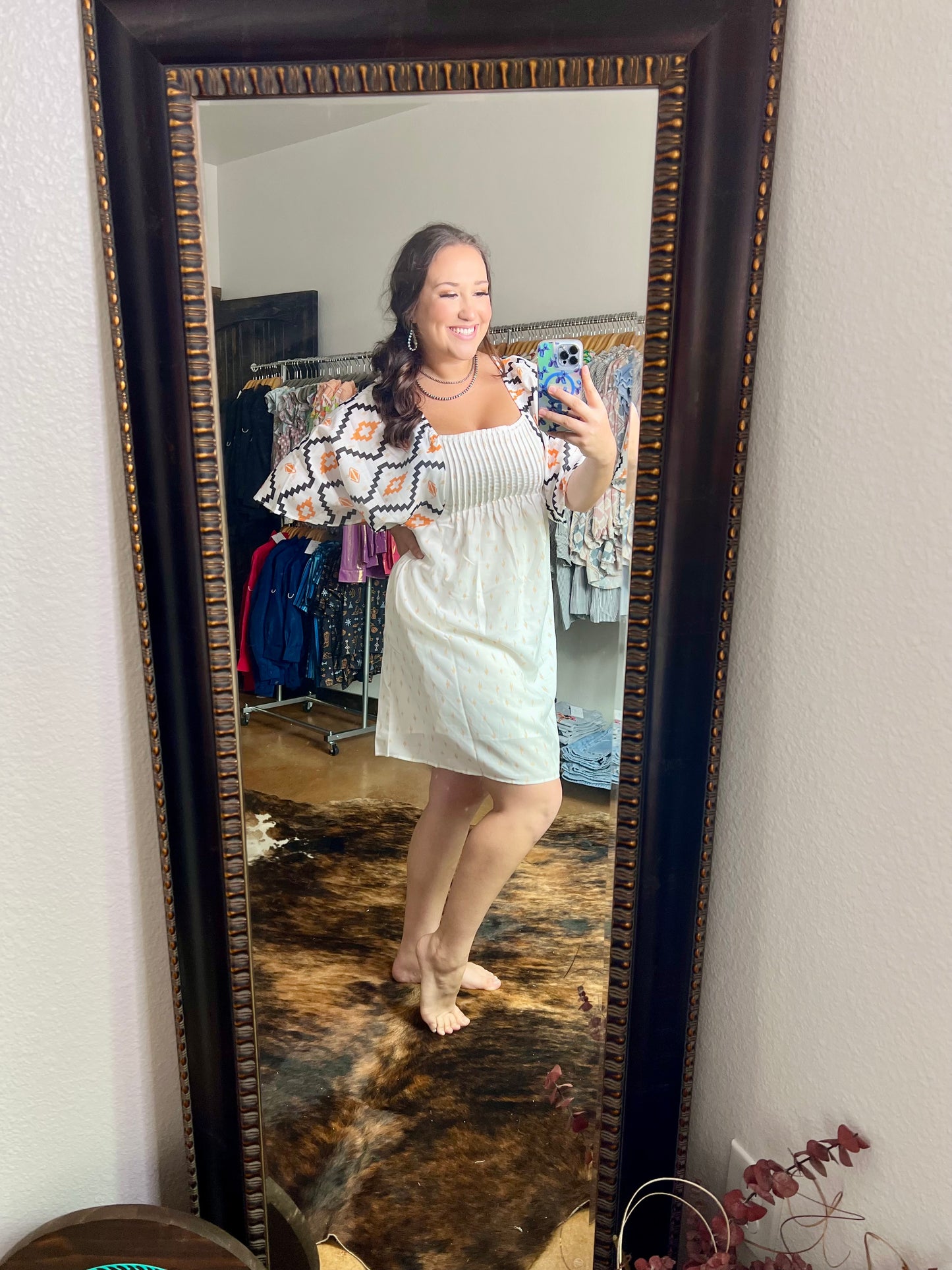 Beige Western Aztec Print Pleated Square Neck Loose Mini Dress