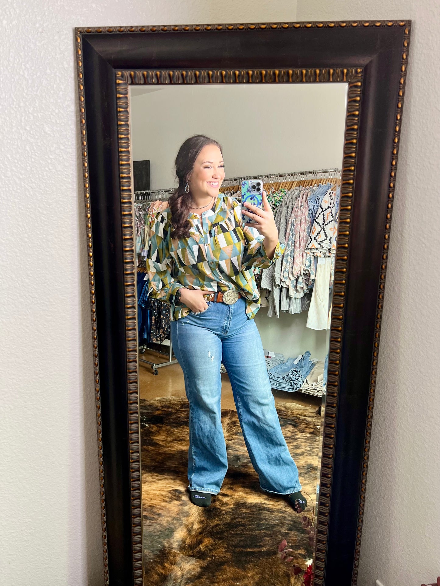 Green Geometric Print Buttoned Balloon Sleeve Loose Fit Shirt