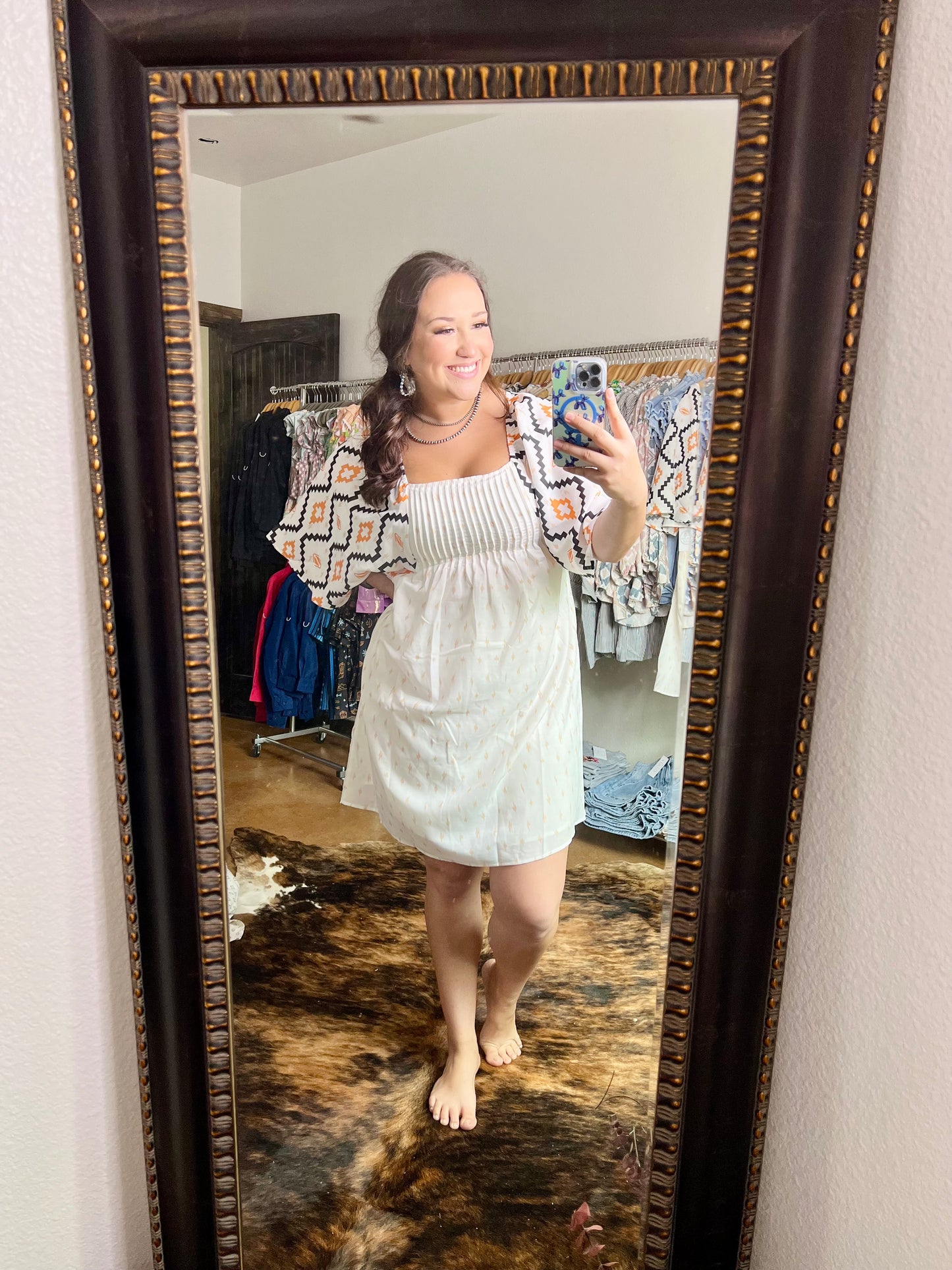 Beige Western Aztec Print Pleated Square Neck Loose Mini Dress