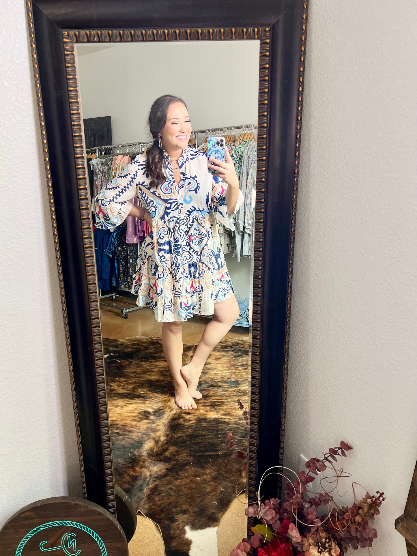 White Printed Bracelet Sleeve Buttoned Mini Dress