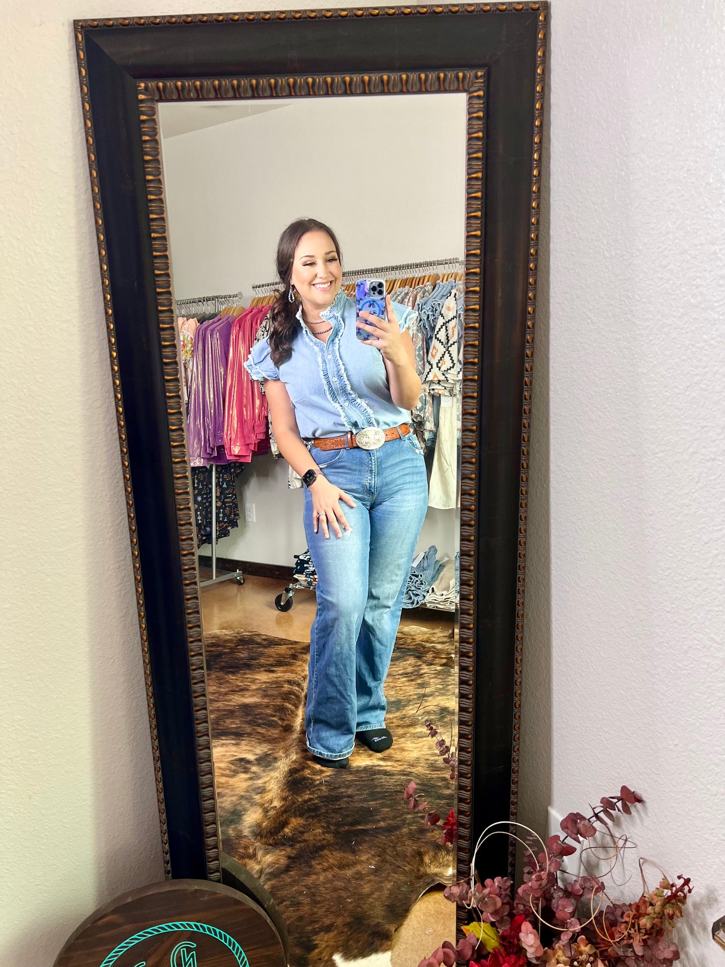 Beau Blue Button Front Ruffled Flutter Frayed Denim Top