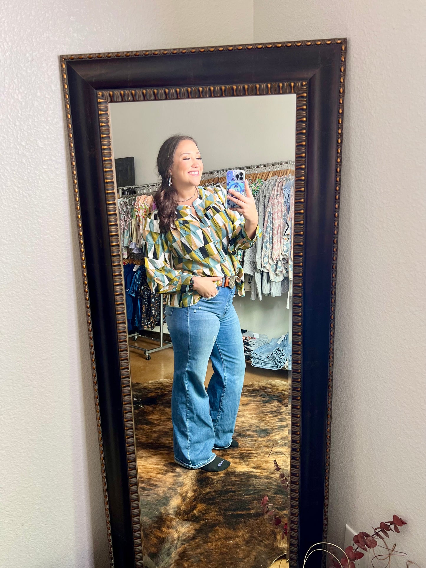 Green Geometric Print Buttoned Balloon Sleeve Loose Fit Shirt