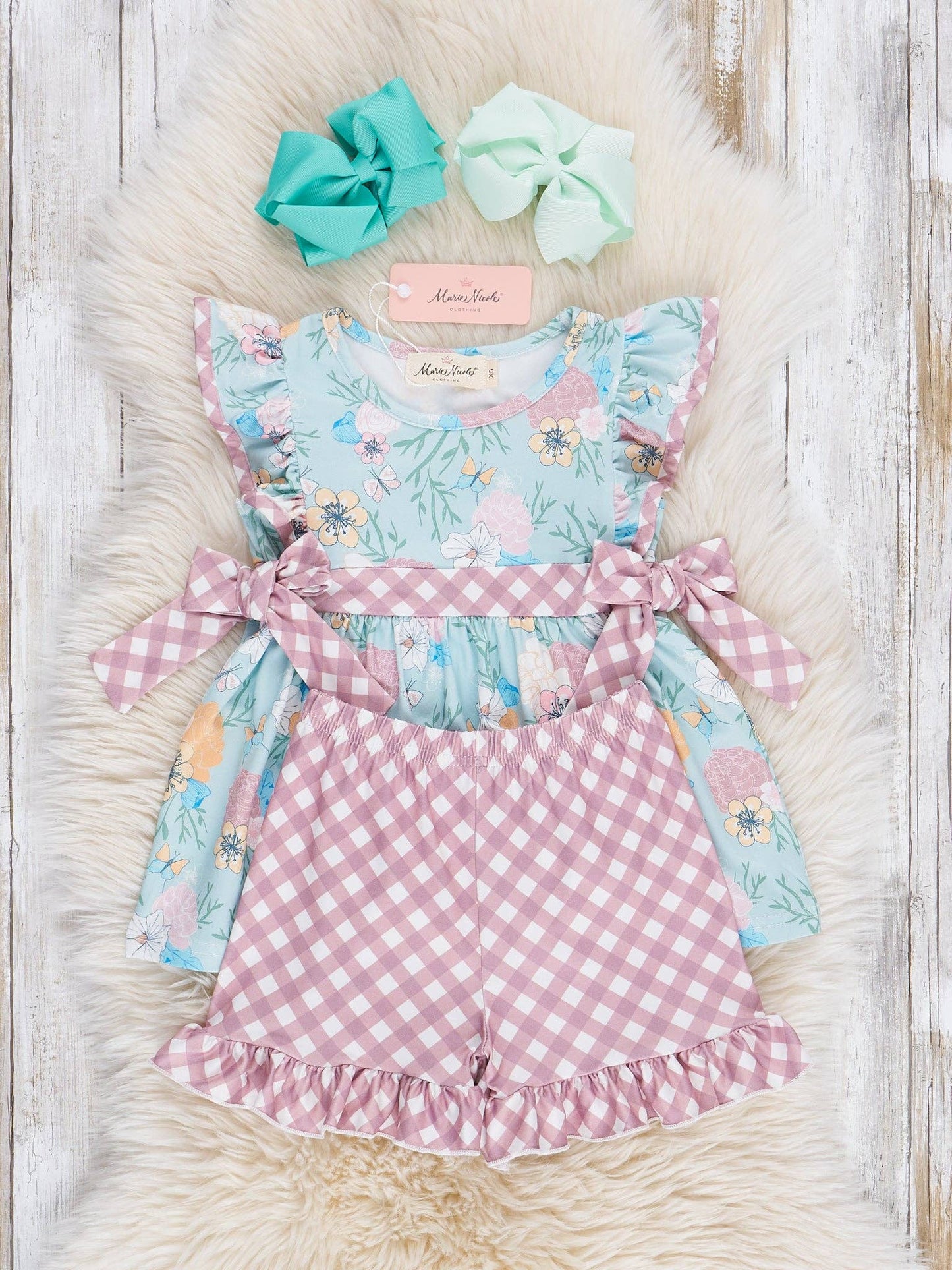 Mint Floral Flutter Sleeve Bow Outfit