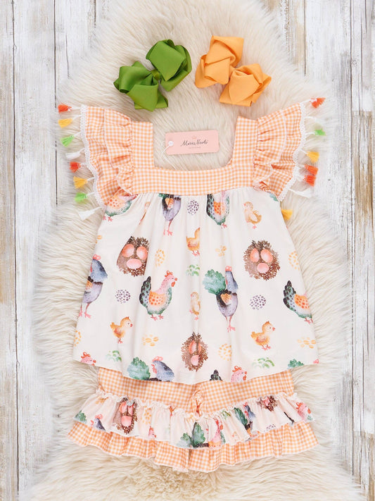 Chickens & Eggs Gingham Tassel Outfit