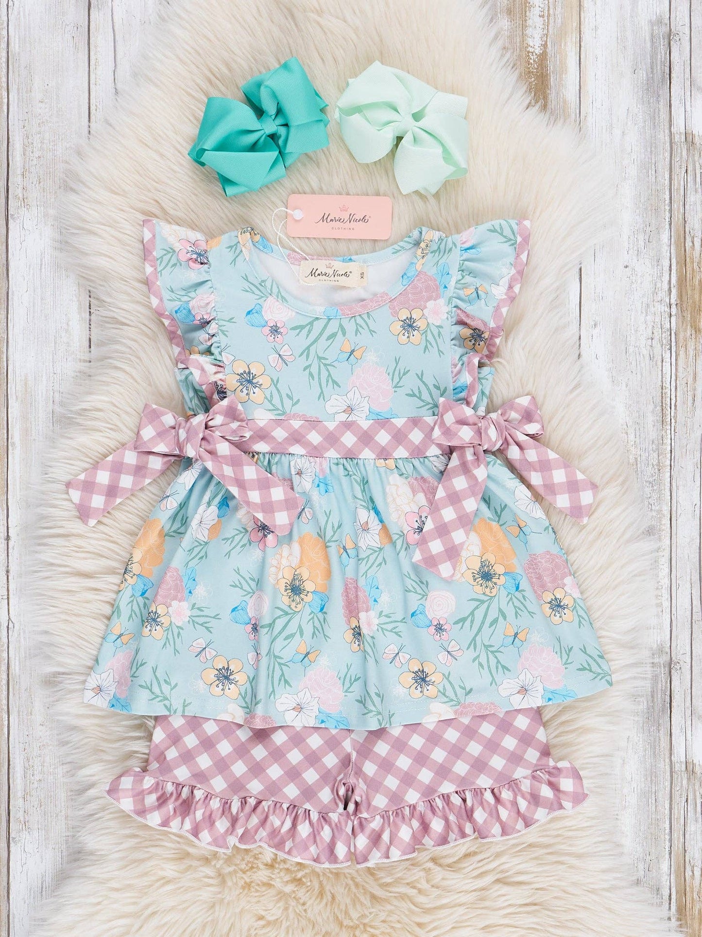 Mint Floral Flutter Sleeve Bow Outfit