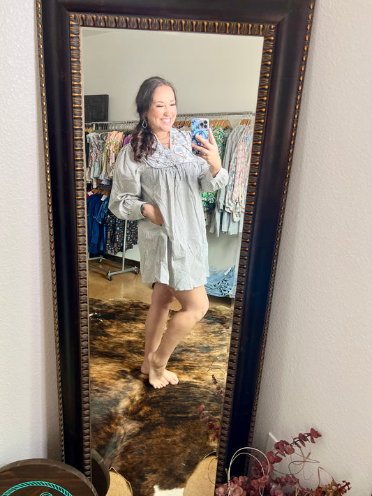 Black Stripe Floral Patchwork Tied V Neck Shift Long Sleeve Mini Dress