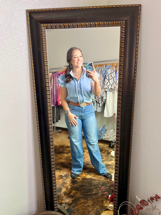 Beau Blue Button Front Ruffled Flutter Frayed Denim Top