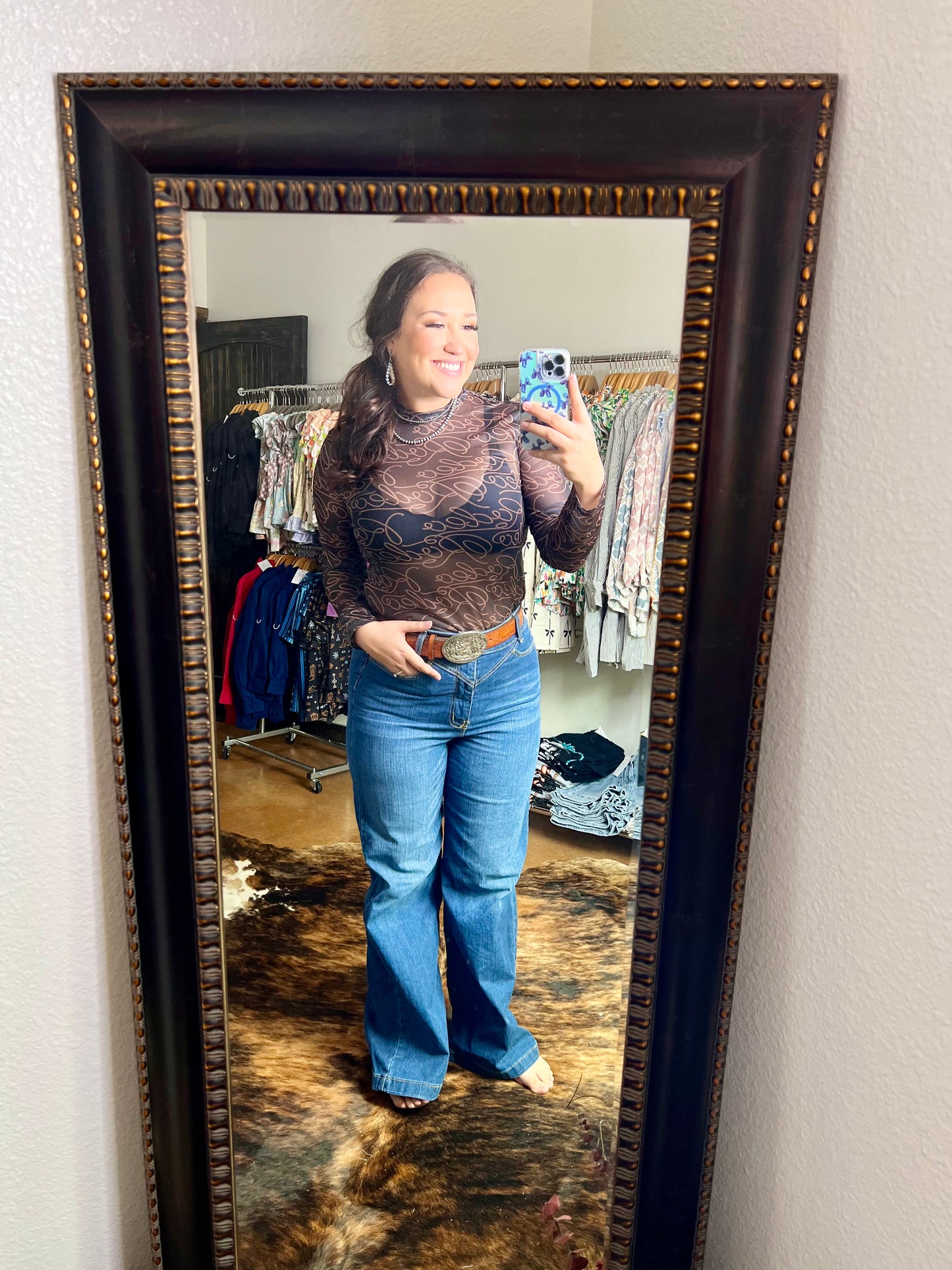 Black Western Rodeo Printed Mock Neck Long Sleeve Mesh Top