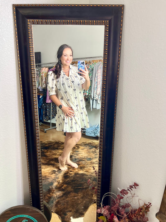 Beige Cute Bowknot Printed Bubble Sleeve V Neck Mini Dress