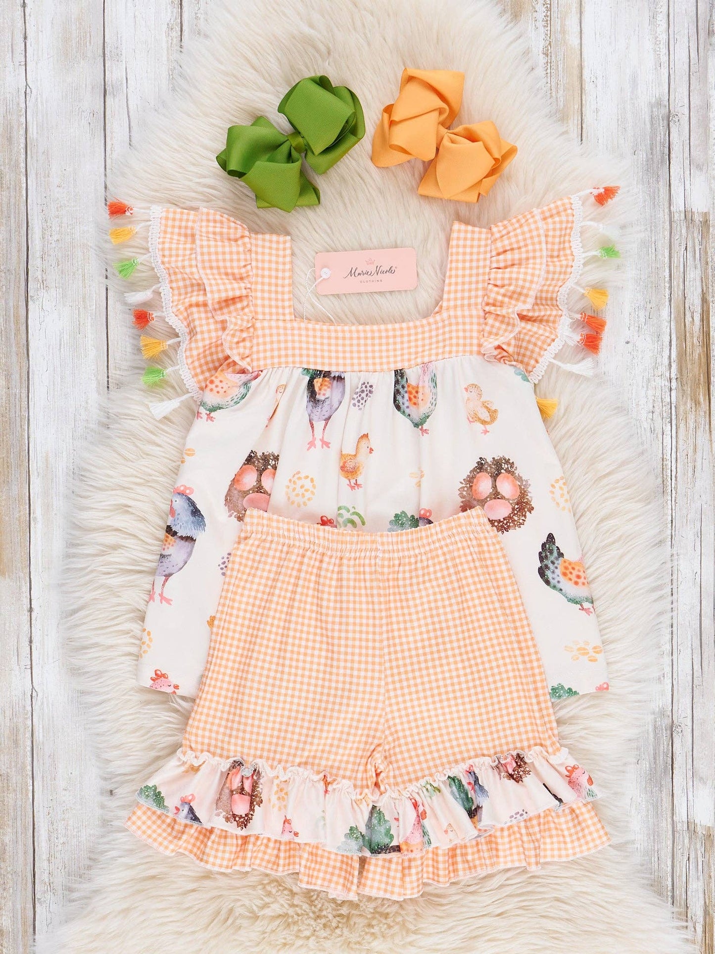 Chickens & Eggs Gingham Tassel Outfit